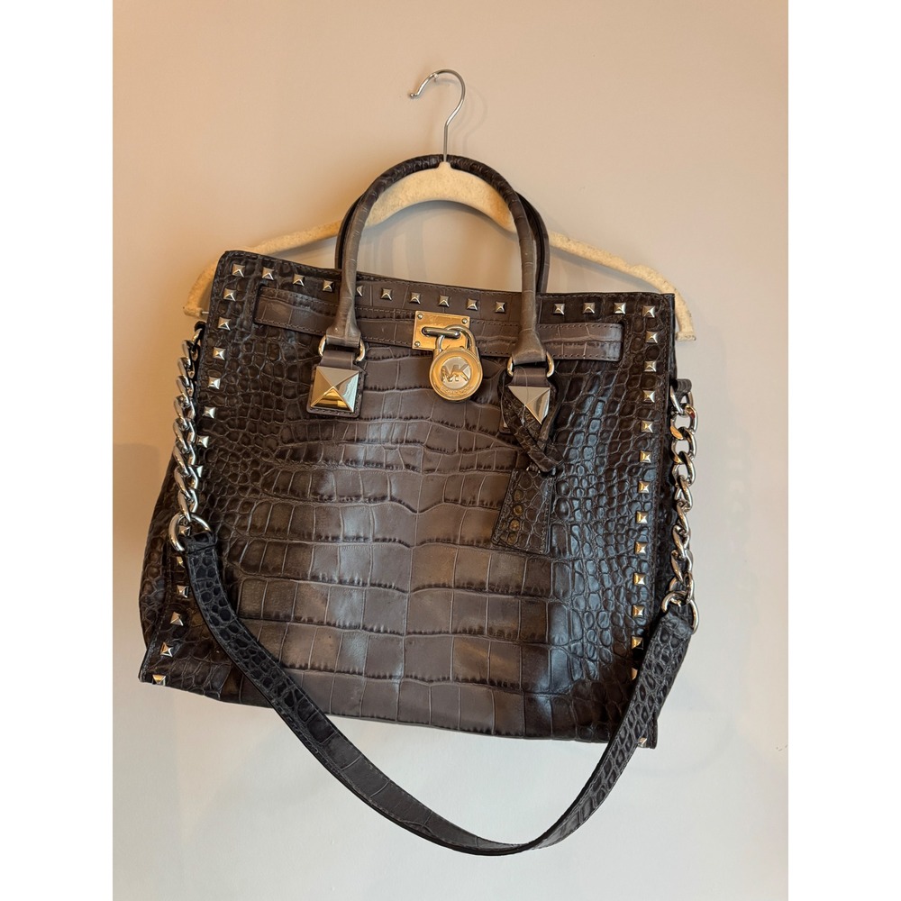 Michael Kors Hamilton Croc Embossed Leather Studded Tote Bag Grey Silver MK